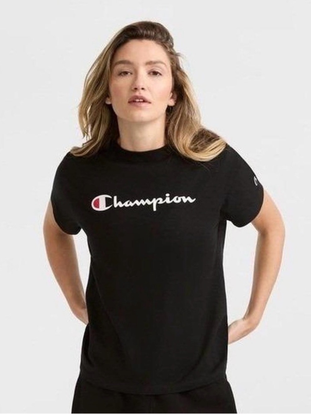 Champion Black Tee with White Script and Red Crest